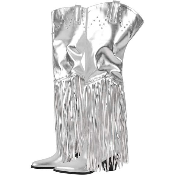 Women Silver Synthetic Fringe Thigh High Tassel Wide Calf Over Knee Pointed Boot - Picture 1 of 5